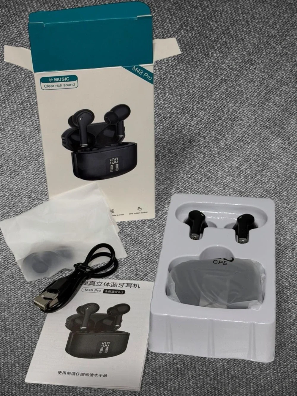 M48 Pro True Wireless Stereo Earbuds Bluetooth 5.3 Charging Case Black